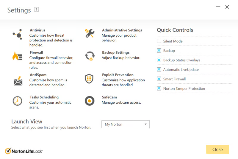 Norton 360 nustatymų langas