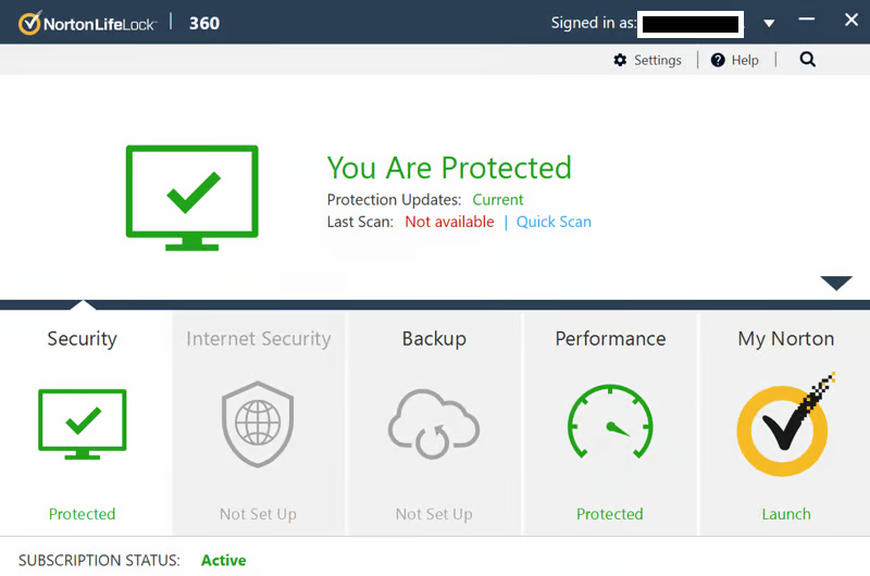 Norton 360 pagrindinis langas